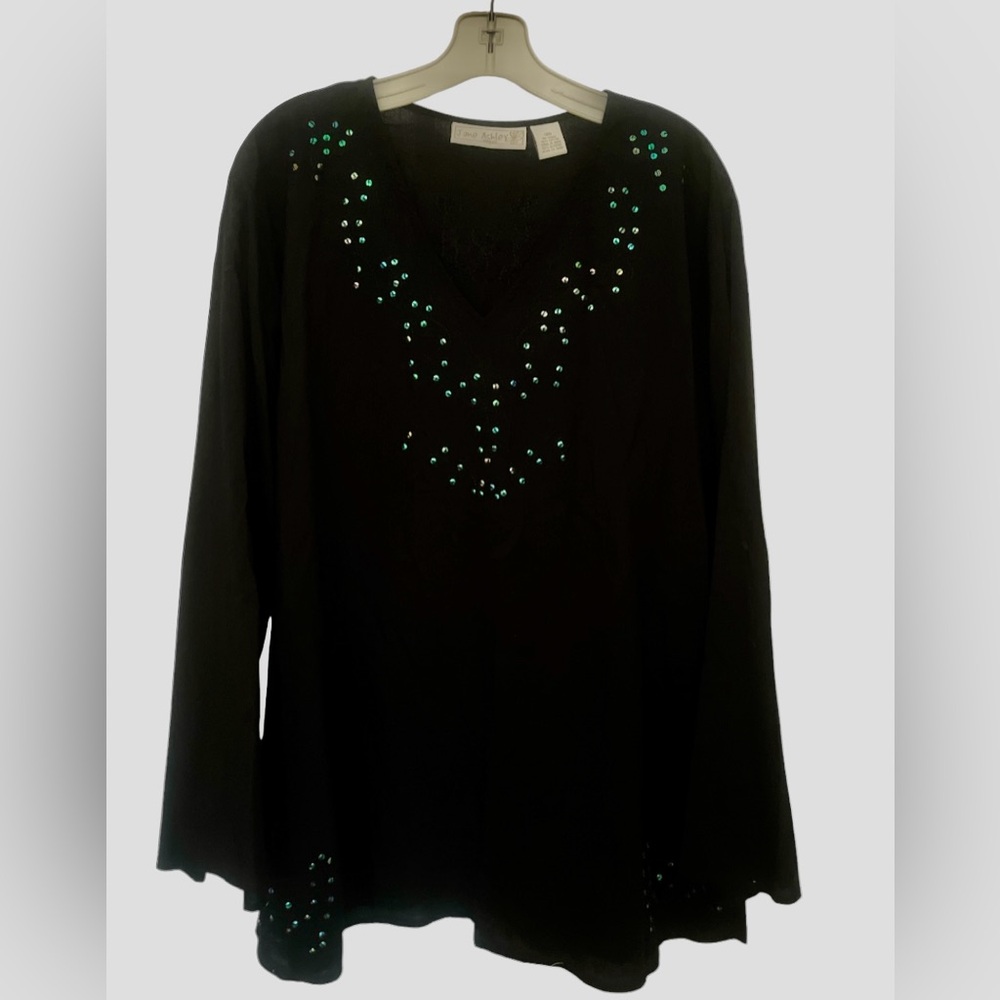 Jane Ashley Black Long-Sleeve V-Neck Top with Sequin embroidered  Detail